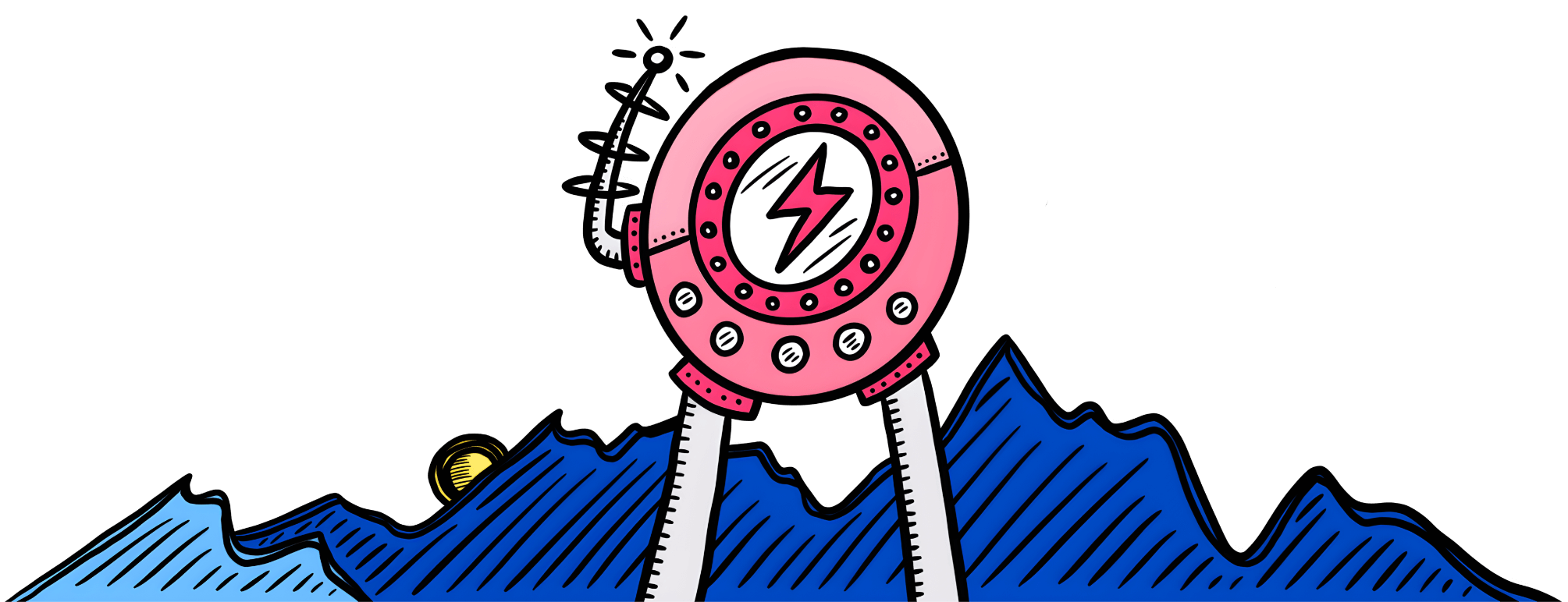 Illustration of a pink robot-like vessel with an antenna and a lightning bolt in the center. There are mountains in the background.